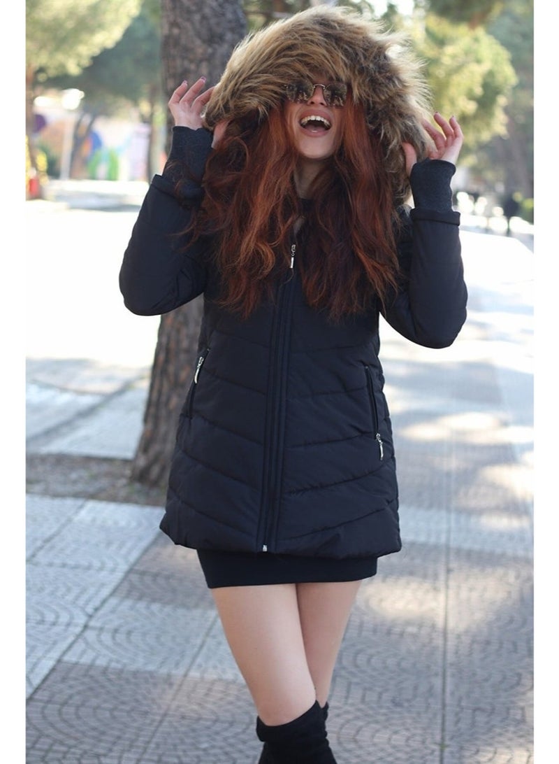 Barbora Winter Women's Puffer Coat with Gloves and Fur Hood TR121BLACK33 - Image 1